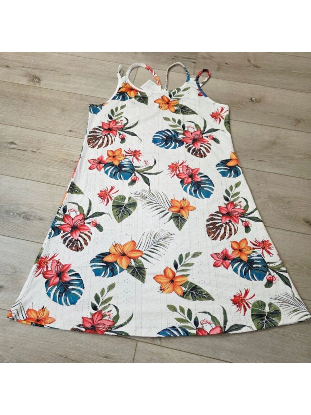 Vibrant White Tropical Floral Midi Dress Beachy Boho Resort Island Wear Sz Lg